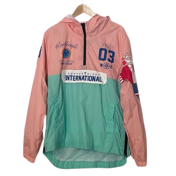 NEW Copper Rivet Denim Factory Half Zip Hooded Multicolored Windbreaker, Large - Picture 1 of 10